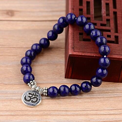 Charm Lapis Lazuli Stone Beads Bracelets Women Men Silver Color OM Pendant Bracelets Elastic Energy Pulsera Homme