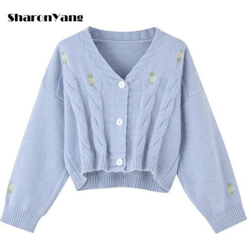 Short Embroidered V-neck Knitted Cardigan Womens 2021 Autumn New Korean Loose Outerwear Sweater Coat Crop Tops White