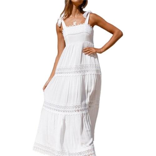 Ladies Temperament Beach Suspender Dress Women Solid Color Summer Lace Splicing Sleeveless Long Strap Dress for Shopping Dating