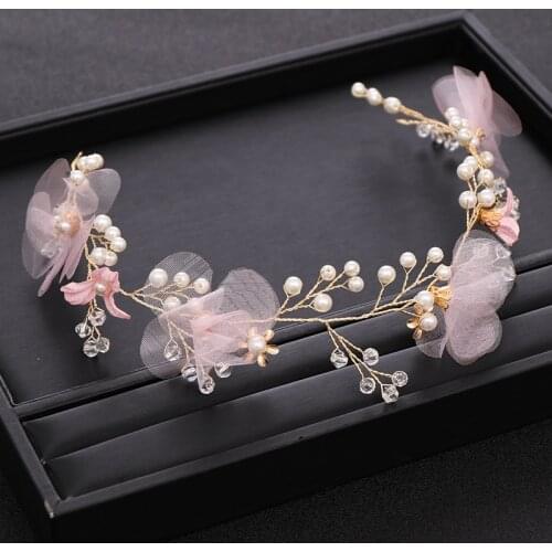 AiliBride Pink Wedding Headband Flower Pearl tiara Bridal Headpiece Copper Wire Handmade Wedding Hair Jewelry Accessories