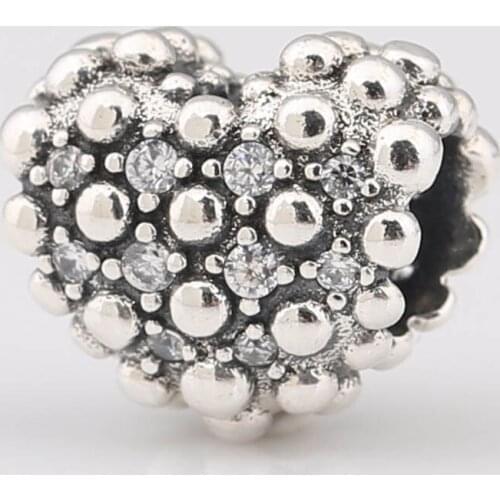 S925 Bead Clear CZ Beaded Heart Charm fit Lady Bracelet Bangle DIY Jewelry