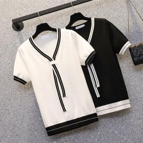 Elegant Short Sleeve Knitted T-Shirt Women Fashion Thin Knitwear Tops 2021 Summer Lady Jacquard Tees Female sweater