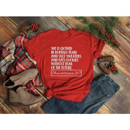 She is Clothed in Buffalo Plaid T-Shirt Hipster Casual letter printed Tee Christian Bible Slogan Grunge Tops Bachelorette tshirt