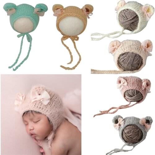 1 Pc Cute Crochet Mohair Hat Newborn Photography Props Infants Photo Shooting Accessories Baby Bowknot Knitted Beanies Cap