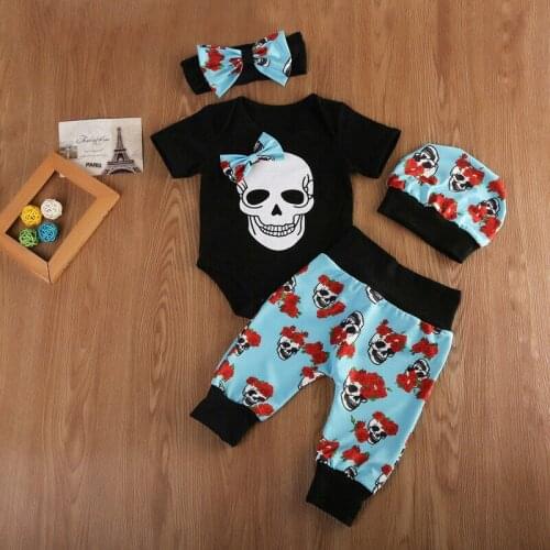 Newborn 4pcs Set Baby Halloween Clothes Kid Skull Jumpsuit Girl Romper Boy Bodysuit Baby Boy Long Pants Outfit Clothes