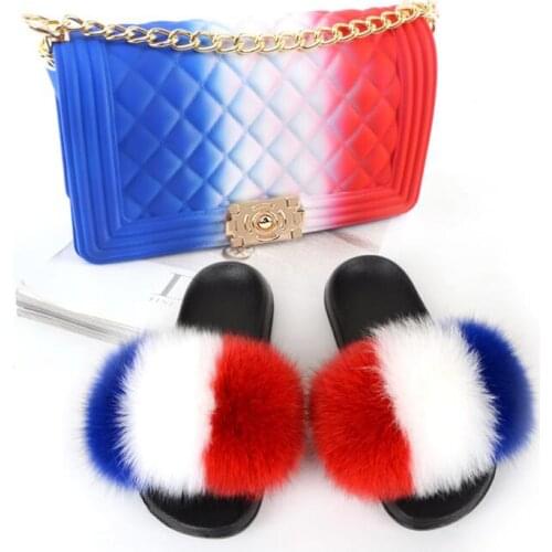 Fur Slides and Purse Set Women Summer Cute Fluffy Slippers Colorful Chain Jelly Bag Girl Party Shoes Fashion Shoulder Bag