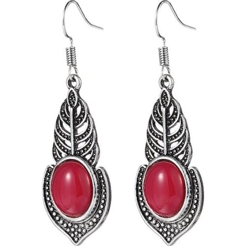 2019 New Thai Silver Long Pattern Earring Natural Red Stone Vintage Oval Shaped Earring For Female Personalized Jewelry Gifts