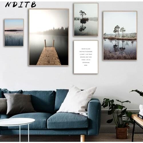 Autumn Sunrise Nature Landscape Poster Nordic Style Lake Bridge Print Wall Art Picture Canvas Painting Scandinavian Home Decor