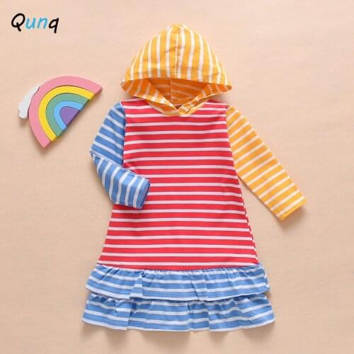 Qunq Girls Dress Red Blue Yellow Patchwork Striped Casual Kids Clothes for 1 2 3 4 5 Year Baby Children Costume Spring Fall