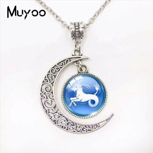 Zodiac Sign Button Glass Cabochon Moon Pendants Cancer Leo Virgo Libra Scorpio Gemini Zodiac Signs Handmade Moon Necklace