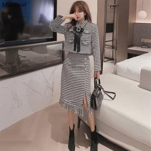 Autumn Vintage Elegant Houndstooth 2 Piece Set Women Long Sleeve Bow Tie Cardigan Coat + Tassel Skirt Outfits Korean 2021