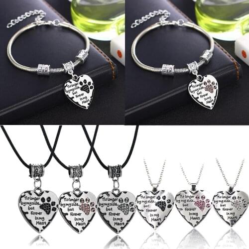 Engraved Words No Longer By My Side But Forever In My Heart Crystal Paw Print Love Heart Charm Pendant Necklace Pet Lovers Gifts