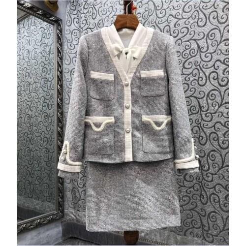 High Quality New Wool Suit & Sets 2021 Autumn Winter V-Neck Wool Blend Cardigan Jackets+Bow Collar Color Block Tweed Wool Dress