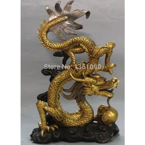 Xd 00315 10" Chinese Purple Bronze 24K Gold Pure Silver Animal Dragon drama Pearl Statue