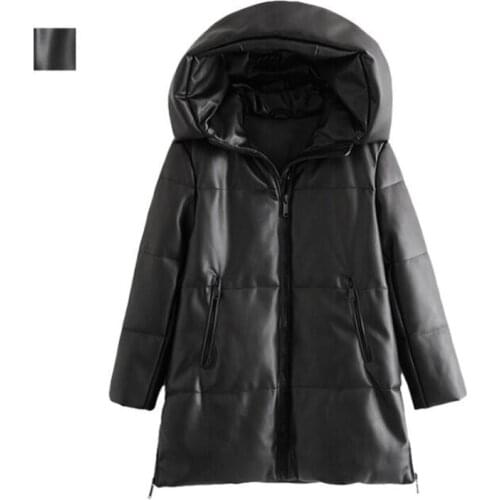 Korean Winter New Women Hooded PU Leather Cotton Jacket 2021 All-match Slim Solid Color Casual Cotton Coat Femme Outerwear Tops
