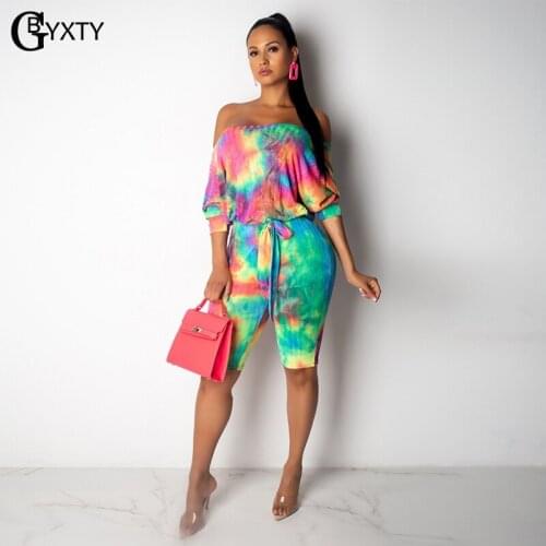 GBYXTY Sexy Off Shoulder Bandage Tie dye Playsuit Long Sleeve Skinny Short Jumpsuit and Rompers Women Beach Overalls ZL327