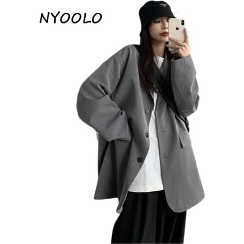 NYOOLO Harajuku Style Big Pockets Single Breasted Long Sleeve Blazer Jacket Women Clothes Spring Autumn Office Lady Workwear