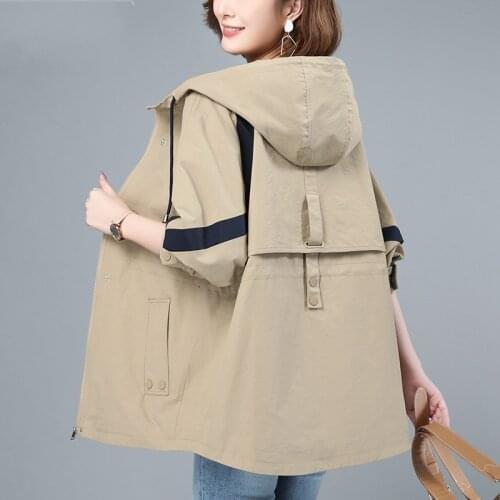 Hooded Stitching Womens Trench Coat 2021 Spring Autumn New Korea Loose Long Outwear Khaki Middle-aged mother Casual Windbreaker