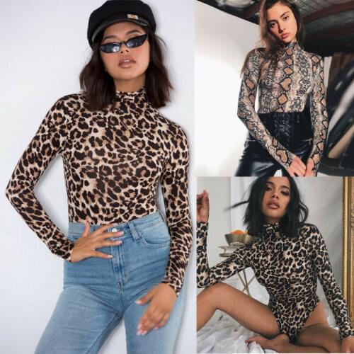 Womens Long Sleeve Skinny Turtleneck Snakeskin/Leopard Print Slim Fit Bodysuits Club Fashion Sexy Leotard Rompers