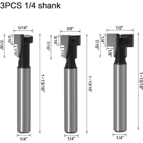 3 Pieces Key Hole T-Slot Router Bits Set 6.35mm 1/4" Shank Woodworking Milling Cutters Kit