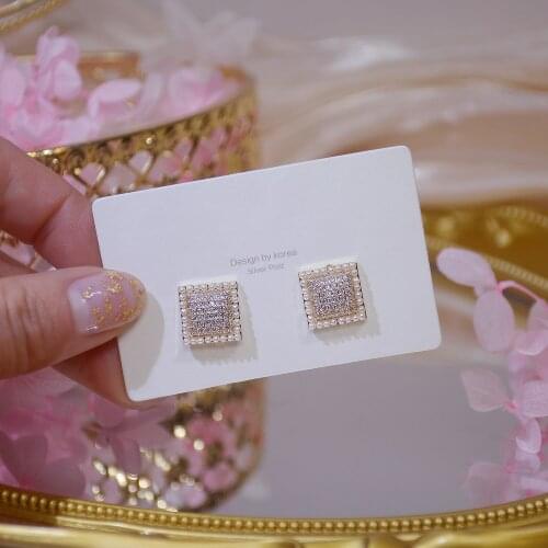 14k Real Gold Plated Fashion Jewelery Square Crystal Pearl Exquisite Stud Earrings for Woman Holiday Party Elegant Earring