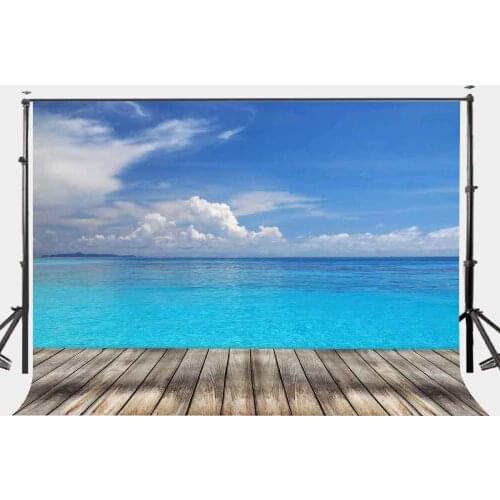 150x220cm Vast Deep Blue Sea Backdrop Blue Sky White Cloud Wooden Floor Photography Background Summer Theme Outgoing