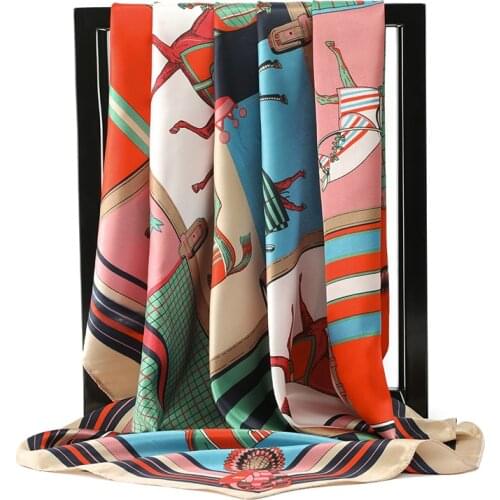 2021 Head Foulard Silk Square Scarves Ladies 90X90cm Wrap Fashion Satin Shawl Luxury Brand Women Muffler Bandanna Hijab Beach