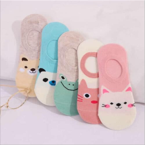 5 Pairs 1 Lot Silicone Invisible Non-slip Socks Set Women Cute Animal Printed Cartoon Kawaii Low Cut No Show Ankle Sock Slippers