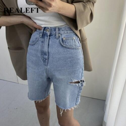 REALEFT Summer 2021 New Classic Womens Jeans High Waist Denim Shorts Retro Washed Streetwear Hole Shorts Female Chic Trouses