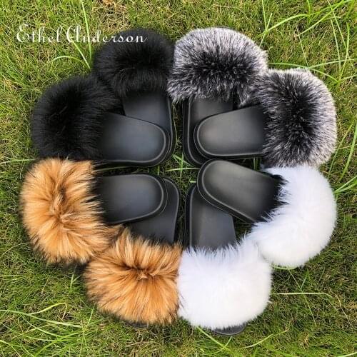 Ethel Aderson furry slides for unisex women fur leather faux summer shoes indoor furry Shoes Spring Plush Slippers Woman Female