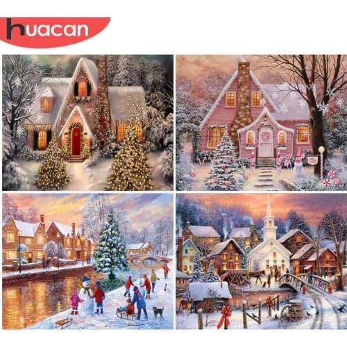 HUACAN Diamond Painting Christmas House 5D DIY Diamond Embroidery Winter Snow Mosaic Rhinestone Landscape Home Decor