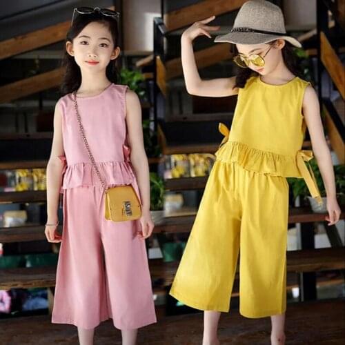 Summer Girls Kids Cotton T-shirt +Wide Leg Pants Clothing Sets Suits For Big Children Girls' Clothes Set 5 6 7 8 9 10 12 Years