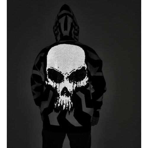 Skull Reflective Sweater Men Punk Hip Hop Vintage Knitted Jumper Women Harajuku Oversized Sweater Hooded Jerseys Pullover