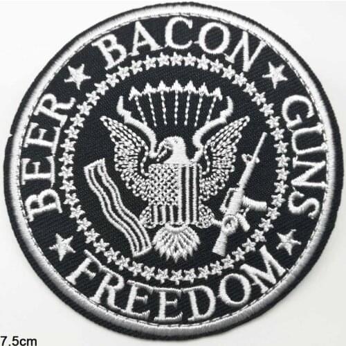 Freedom Beer Bacon Guns Military Gun Theme Iron On Embroidered Clothes Patches For Clothing Stickers Garment Wholesale