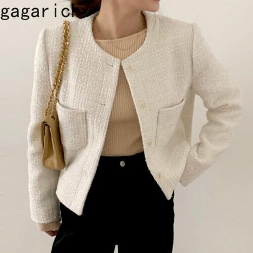 Gagarich Chic Coat Woman Korea Simple Temperament O-neck Single Breast Loose Versatile Pocket Design Long Sleeve Tweed Short Top
