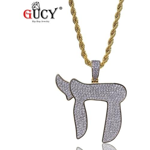 GUCY Gold Color Plated Iced Out Micro Pave CZ Stones Jewish Symbol Chai Charms Pendant Necklace Hip Hop Jewelry For Men Women
