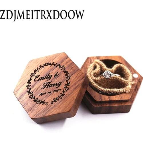 Hexagon Personalized Rustic Wedding Wood Ring Box Holder Custom Your Names and Date Wedding Ring Bearer Box Black Walnut
