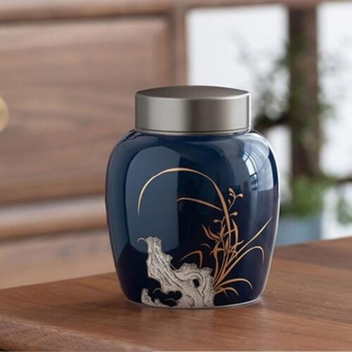 Blue Glaze Golden Drawing Storage Jar Ceramics Tea Cans Candy Packing Box Condiment Organizer Moisture-Proof Sealed Tank Coffee
