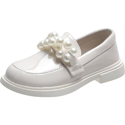 Girls Wedding Shoes White Black with Pearls Beading Children Leather Flats Patent Leather Soft British Style Fashion Autumn New