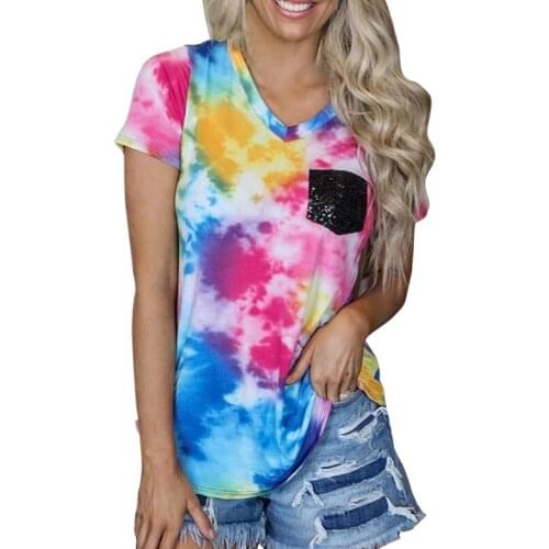 Summer Fashion Female Short Sleeve V-Neck Top Printing Mixed Color Casual Home Wear T-Shirt