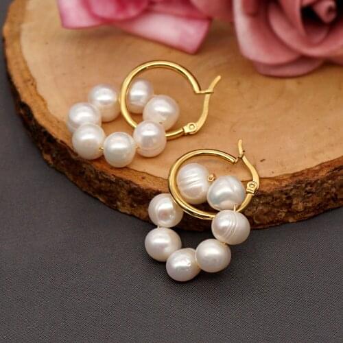 Stainless Steel Golden Punk Earclip Earrings For Women Fashion Vintage Freshwater Pearls Round Drop Earrings Creative Jewelry