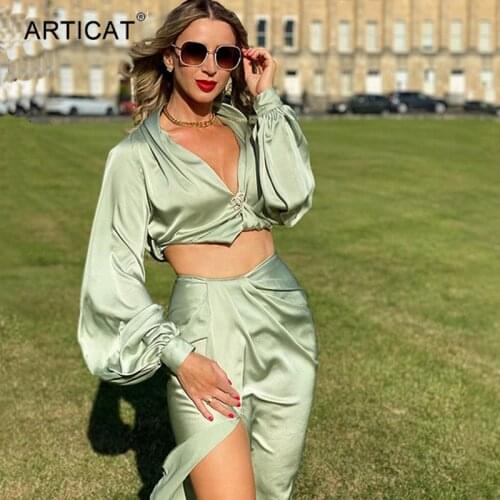 Articat Satin High Split Puff Sleeve Women Two Piece Sets Sexy Green V Neck Top Long Skirt Suits Female Matching Set Partywear