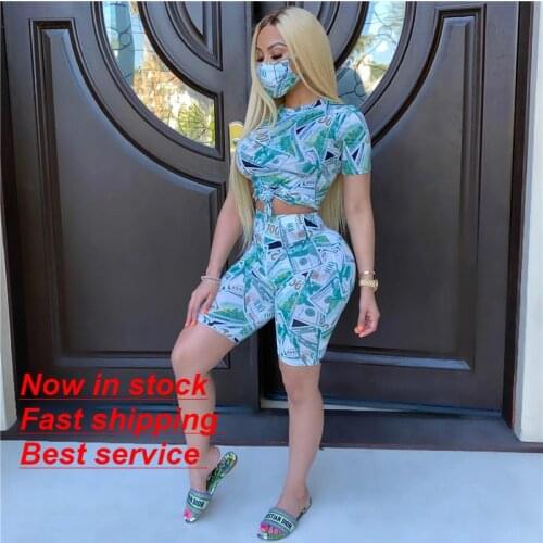 Womens 2Pcs Printed Short Set Short Sleeve Crop Top High Waist Biker Shorts Summer Loungewear Short Outfits