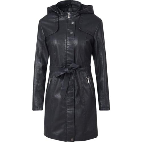 Women Black Overcoat Winter Girls Hooded Jacket PU Leather Long Sleeve Lady Warm Thick Faux Leather Windbreaker Female Top Coat
