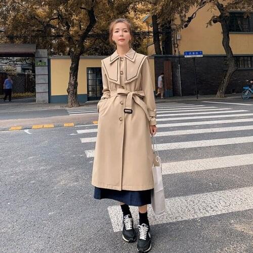Womens Khaki Windbreaker Long Spring Autumn Korean Loose Navy Collar Ladies Coat Fashion High Quality Thin Section Cape Female