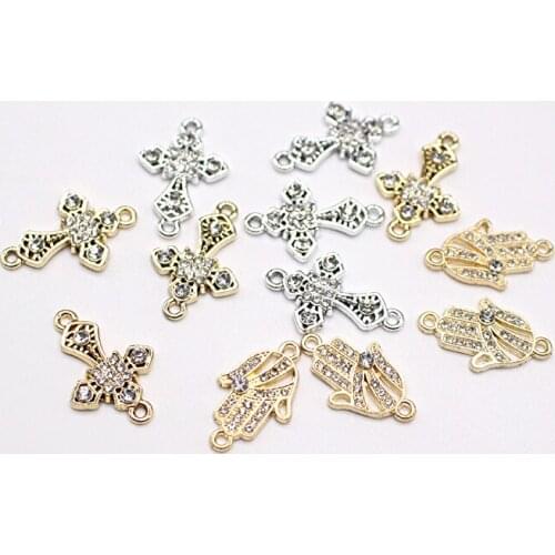 10pcs Fashion Fatima Hand Cross Bracelet Connector Findings Alloy Rhinestone Hollow Crosses Necklace Earring Charms Jewelry Make