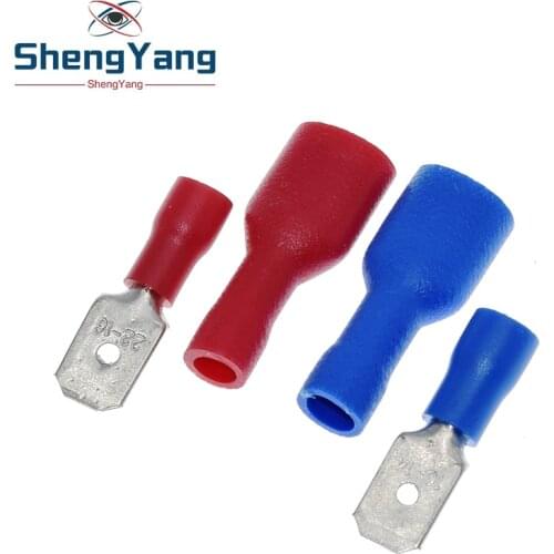 100pcs 50pairs 6.3mm 16-14AWG Female Male Electrical Wiring Connector Insulated Crimp Terminal Spade Blue Red FDFD2-250 MDD2-250