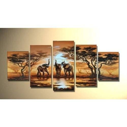 5 Panels Hand Painted Modern Abstract The African elephant Oil Painting on Canvas Cuadros Paintings for Living Room Wall Decor