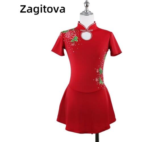 Wine Red Figure Skating Dress Cheongsam Ice Skating Clothes Rose Petals Chinese Style Skirt Rhinestone For Girl Women