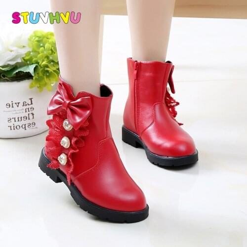 Childrens Boots Leather Girls Martin Boots Winter New Plus Velvet Warm Kids Shoes Fashion Pearl Bow Girls Princess Boots Shoes